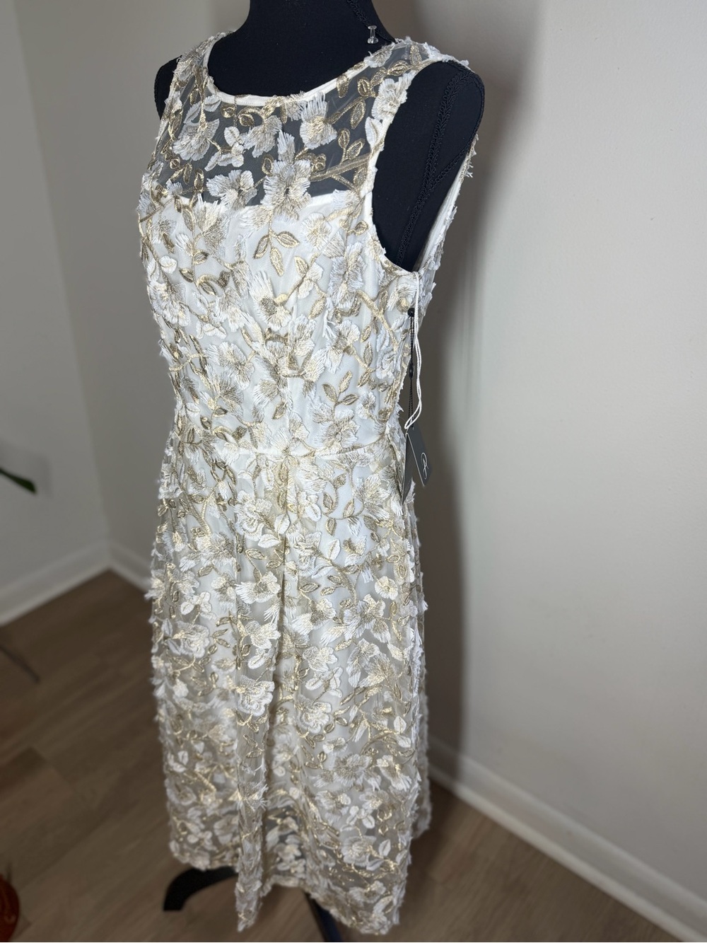 Adrianna Papell Ivory Midi Dress with Gold Floral Embroidery - Picture 3 of 10